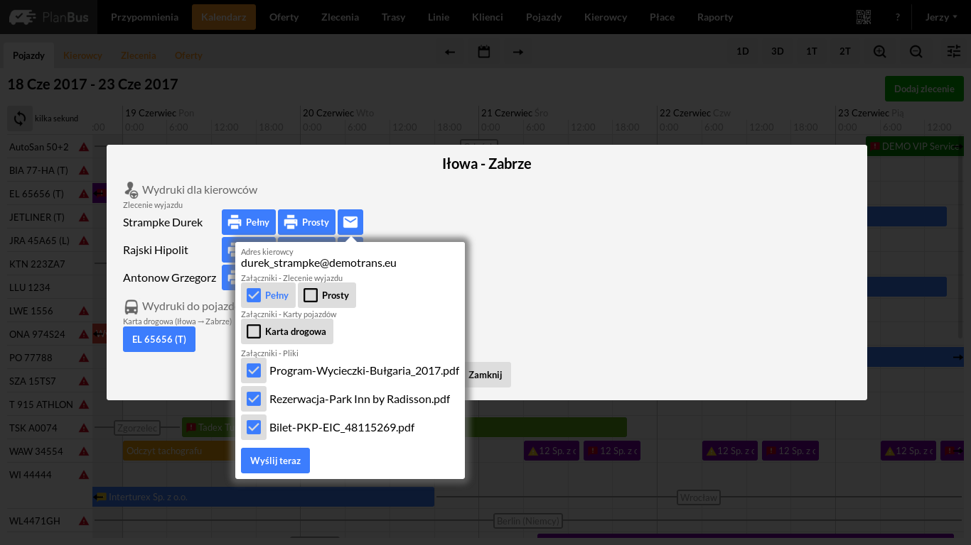 oprogramowanie kalendarz wynajem, program Plan Bus, oprogramowanie PlanBus.pl, wydruk zlecenia wyjazdu