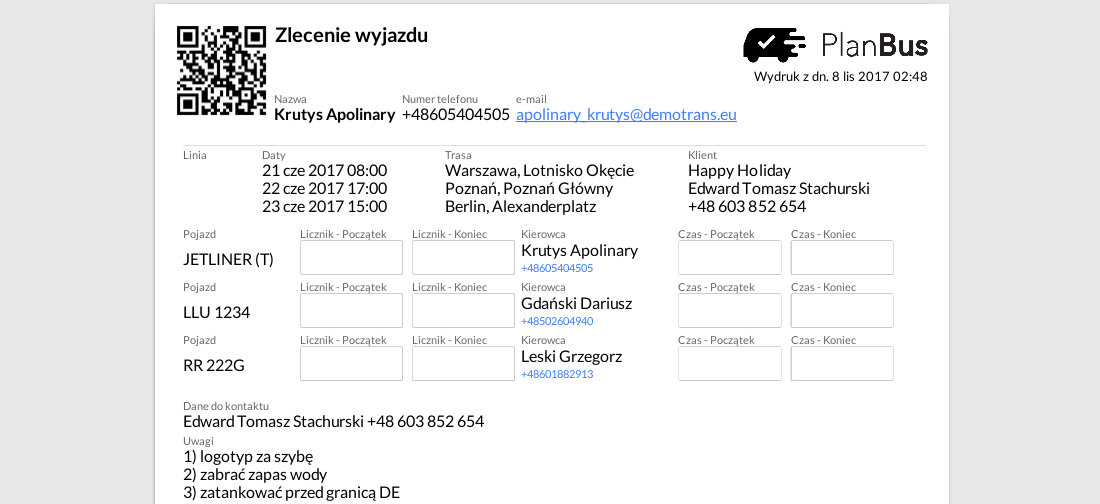 oprogramowanie kalendarz wynajem, program Plan Bus, oprogramowanie PlanBus.pl, wydruk zlecenia wyjazdu