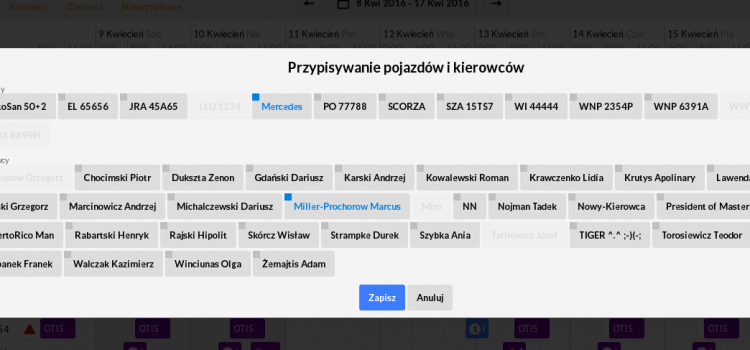 Przypisywanie zasobów (pojazdy, kierowcy) wprost w widoku kalendarza