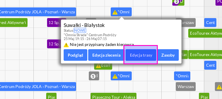 Edycja pola uwagi do trasy, wprost z widoku kalendarza