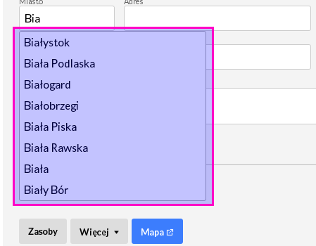 Podpowiadanie nazw Polskich miast w adresach