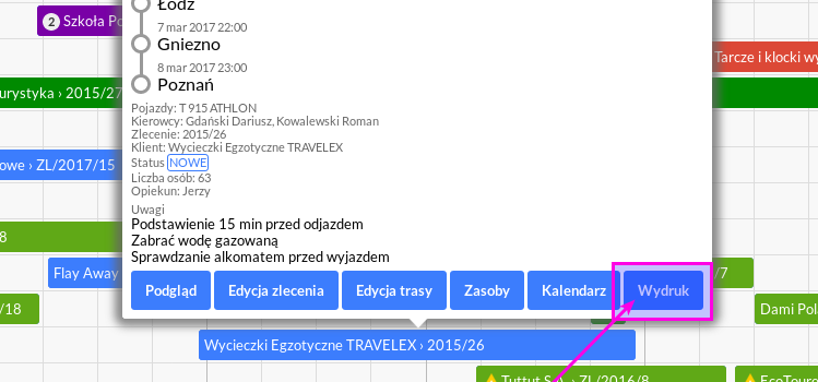 Wydruk zlecenia wyjazdu dla kierowcy z widoku kalendarza