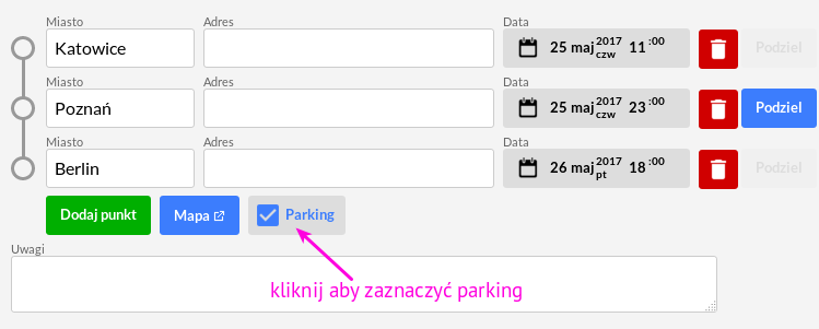 Oznaczanie w kalendarzu autobusów zaparkowanych w innych miastach