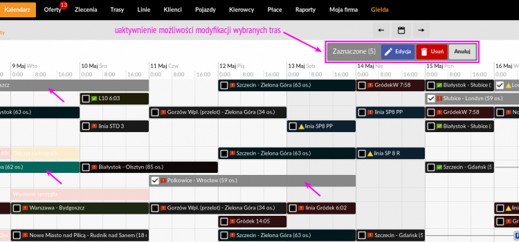 Hurtowa edycja tras  za pomocą kilku kliknięć prosto z widoku Kalendarza