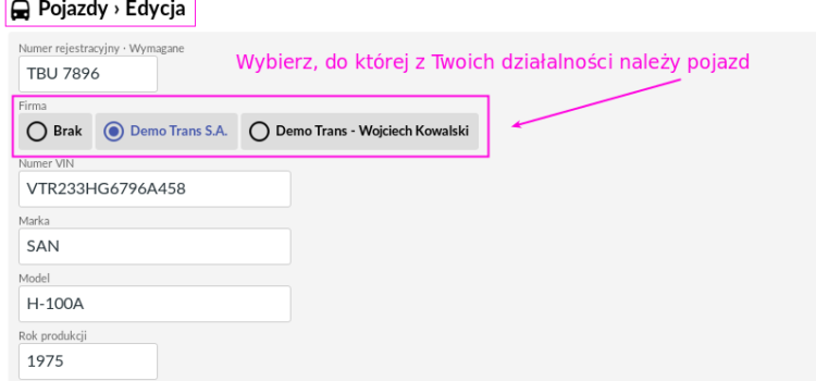 Przypisanie pojazdów do różnych firm jednej marki