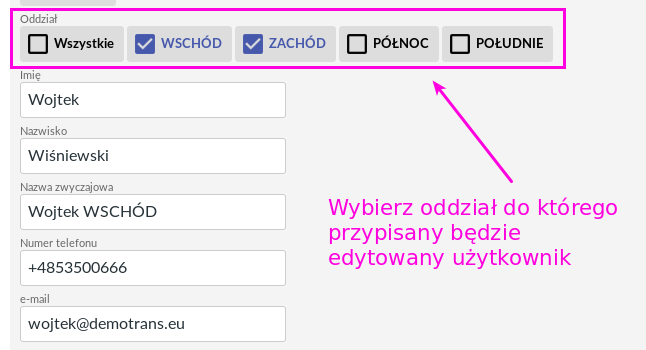 Przypisanie do oddziału pojazdu, kierowcy, zlecenia i użytkownika