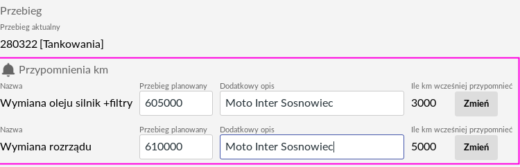 Przypomnienia dla pojazdu po kilometrach