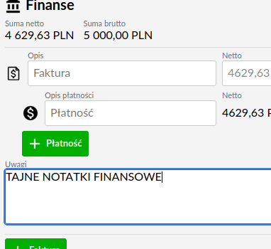 Dodaliśmy pole Uwagi w sekcji Finanse