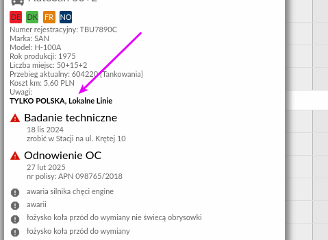 Uwagi o pojazdach bezpośrednio w kalendarzu Uwagi o pojazdach bezpośrednio w kalendarzu