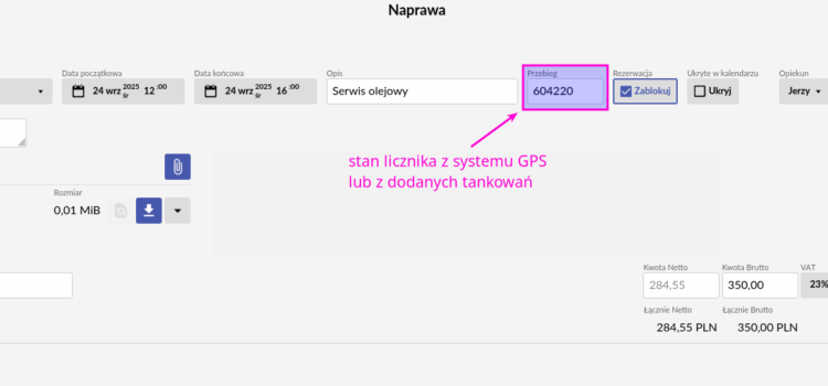 Automatycznie dodawany stan licznika w naprawie