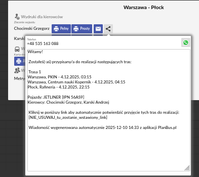 Wysłanie wyjazdów do kierowców za pomocą WhatsApp Wysłanie wyjazdów do kierowców za pomocą WhatsApp