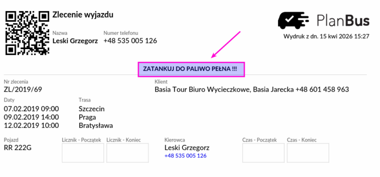 Stałe 'Uwagi” na wydrukach dla kierowców