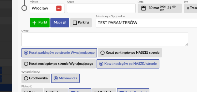 Parametry organizacyjne w trasie